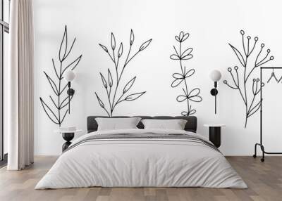 Set of botanical line art floral leaves, plants. Hand drawn sketch branches isolated on white background. Vector illustration	 Wall mural