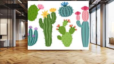 Set of cute cactus and succulents, vector illustration in flat style. Cartoon desert cacti Wall mural