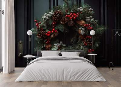  Close-up of a festive christmas wreath made of green pine branches, red berries and pine cones  hanging on a door Wall mural