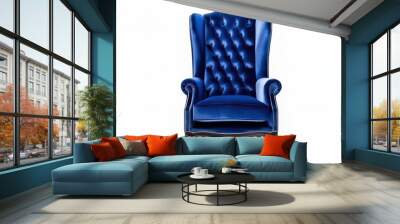 A blue Chesterfield high back wing chair with a black base on white background, generative ai Wall mural