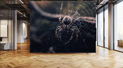 a close-up of a spider web with a big black spider in the center Wall mural