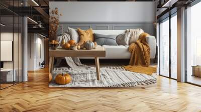 a cozy fall-palette living room interior with autumn pumpkin decor Wall mural