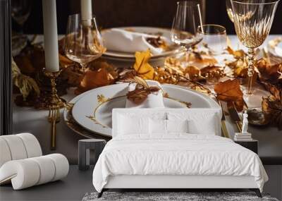 a festive table setting with autumnal decor for Thanksgiving day Wall mural