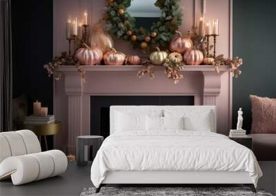 a luxury fireplace with autumn decorations such as pumpkins and leaves in pink and gold Wall mural