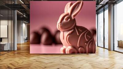 a pink chocolate easter bunny, close up, blurred background, generative AI Wall mural