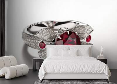 A silver  ring with a red stone and diamonds on white background Wall mural