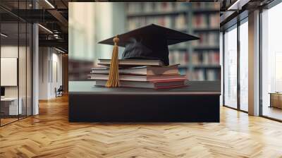 A stack of books with a graduation cap on top of it, generative ai Wall mural