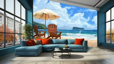 flat illustration of two chairs under a straw umbrella on a sandy beach, inviting visitors to relax and enjoy the view Wall mural