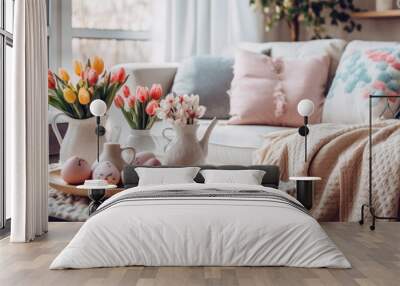 table with a wicker basket filled with easter eggs, a spring tulip flower bouquet, and a sofa with the knitted blanket in the background Wall mural