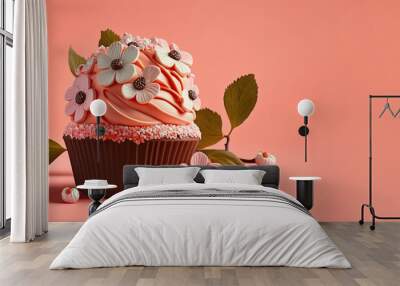 Spring Holiday cupcakes with flowers and sprinkles on a pink background. Generative AI. A place for your text. Wall mural