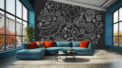 Travel to Mexico. Vector set with ethnic elemets for wallpapers, backgrounds. Day of the Dead Wall mural