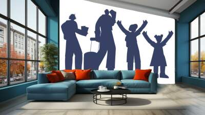 Traveling family with children black silhouettes, flat vector illustration isolated on a white background. Outline image of family of tourists for traveling and vacation concept. Wall mural