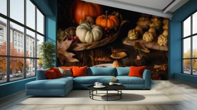 All Saints Day marzipan sweet panellets and roasted chestnuts, autumn leaves on wooden table Wall mural