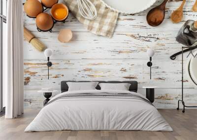 Baking pastry background frame, ingredients, kitchen utensils on rustic wooden background Wall mural