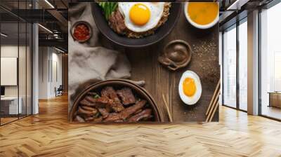 two bowls of Bibimbap, a traditional Korean dish, served with various side dishes and sauces on a wooden surface. The main bowl in the foreground features steamed rice topped with assorted vegetables, Wall mural