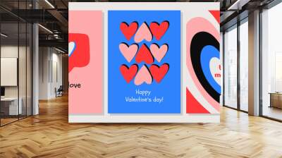 Valentine's Day greeting card set. Hand drawn trendy cartoon heart, love lettering. Vector illustration Wall mural