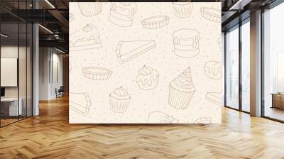 Vector pastry seamless pattern with cakes, pies, muffins and eclairs outline. Hand drawn sweet bakery products in sketchy style on the dotted background. Wall mural