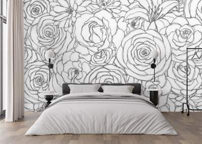 vector seamless pattern with rose, lily, peony and chrysanthemum flowers line art on the white backg Wall mural