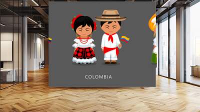 Venezuela, Colombia, Brazil ethnic costume. Woman wearing traditional dress, man with national flag. Latin American couple. Vector flat illustration. Wall mural