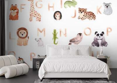 Watercolor hand painted cute latin alphabet letters in light nude brown color. Wall mural