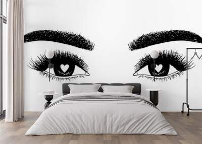 Woman eyes with hearts. Hand drawn vector illustration. Eyelashes and eyebrows. Сoncept of eyelash extensions, microblading, mascara, beauty salon. Black eyes. Beauty and Fashion. Valentine's Day. Wall mural