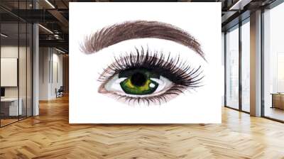 Woman eyes with long eyelashes. Hand drawn watercolor illustration. Eyelashes and eyebrows. Сoncept of eyelash extensions, microblading, mascara, beauty salon. Green eyes. Wall mural