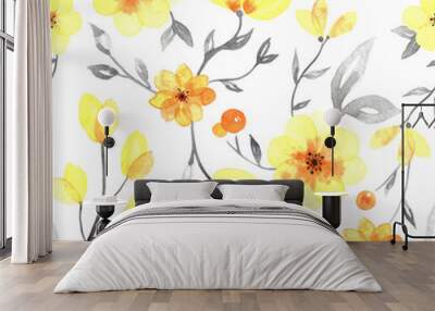 Yellow watercolor flowers with grey leaves on white. Transparent watercolor flowers backdrop Wall mural