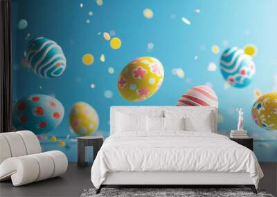 colorful easter eggs flying on pastel blue studio background, banner image Wall mural