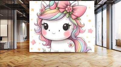 cute cartoon rainbow unicorn with sun and stars Wall mural