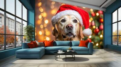 dog wearing santa hat Wall mural