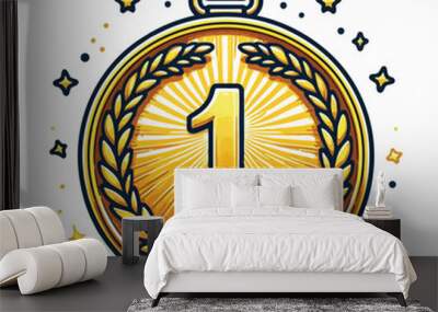 illustration of gold medal with ribbon on white Wall mural