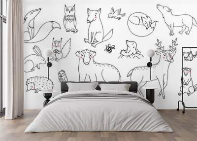 Hand drawn line art cartoon doodle animal set in vector. Forest animal illustrations isolated on the white background Wall mural