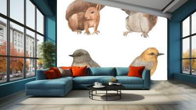 Hand drawn watercolor animals set. Cute squirrels and birds characters. Isolated animals Wall mural