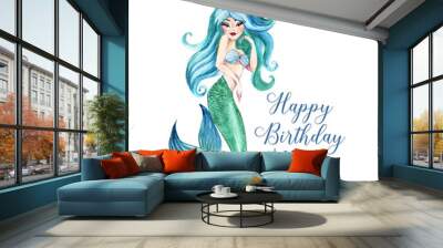 Hand-drawn watercolor beautiful mermaid character illustration. Sea template for poster, card, invitation. Wall mural