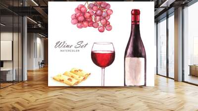 Hand-drawn watercolor illustration of the wine bottle, grape, sliced cheese and one glass of red wine. Drawing isolated on the white background. Wine set. Wall mural