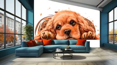 American Cocker Spaniel. Sticker on the wall. Realistic, hand-drawn, artistic, color portrait of an American Cocker Spaniel puppy on a white background in watercolor style. Wall mural