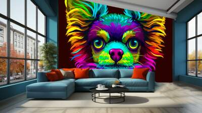 Chihuahua dog. Abstract, neon color, artistic portrait of a cute Chihuahua dog with colored fur on a brown background. Digital drawing Wall mural