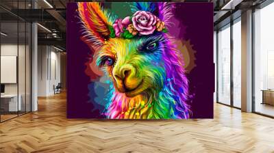 Lama/Alpaca. Sticker design. Abstract, Multicolored, Neon portrait of a lama on a dark purple background in the style of pop art. Digital vector graphics. Background on a separate layer. Wall mural