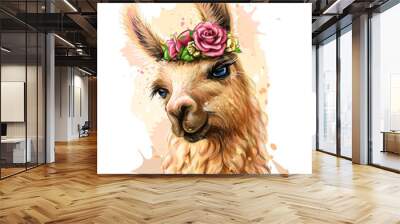 Lama/Alpaca. Sticker on the wall in the form of a color, artistic portrait of a lama on a white background with splashes of watercolor. Wall mural