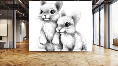 Little rabbits. Wall sticker. Sketch, artistic, drawn portrait of two cute little rabbits on a white background. Wall mural