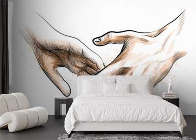 Male and female hand joined in a gesture of trust and friendliness. Sketchy vector illustration on white background with splashes of watercolor. Wall mural