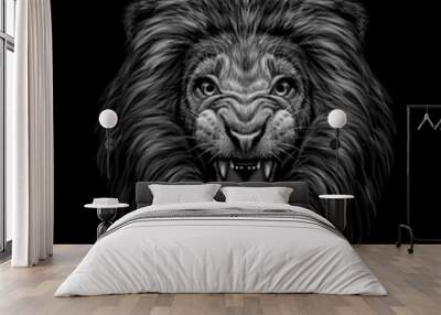 Monochrome portrait of a growling lion on a black background Wall mural