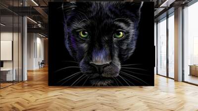 Panther. Artistic, sketchy, color portrait of a panther head on a black background. Wall mural