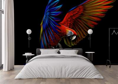 Portrait of a macaw parrot in flight. Color image of a blue-red macaw parrot on a black background. Wall mural