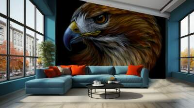 Red-tailed hawk. Color, graphic portrait of a hawk on a black background. Digital vector graphics. Wall mural