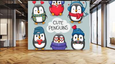 Cute cartoon character penguins set of Valentine's Day and Love Wall mural