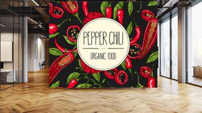 vector hand-drawn banner with mexican hot pepper chili, slices, halves, crushed pieces and branch of Wall mural