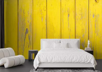 Vertical background of the wooden planks with cracked yellow paint Wall mural