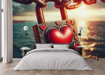 ' padlock with a red heart, fastened with an iron chain, close-up against the background of the sea Wall mural