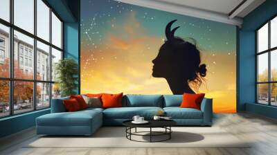  Illustration of Taurus, the woman. The woman is depicted with strong,.The background features lush, green fields and blooming flowers, symbolizing the earth sign of Taurus Wall mural